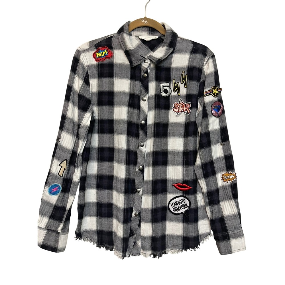 Dance & Marvel Black White Plaid Patchwork Shirt Size M Button Up Frayed Hem